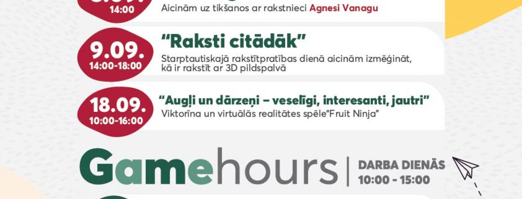 Family time un Game hours aktivitātes SEPTEMBRĪ / 2021