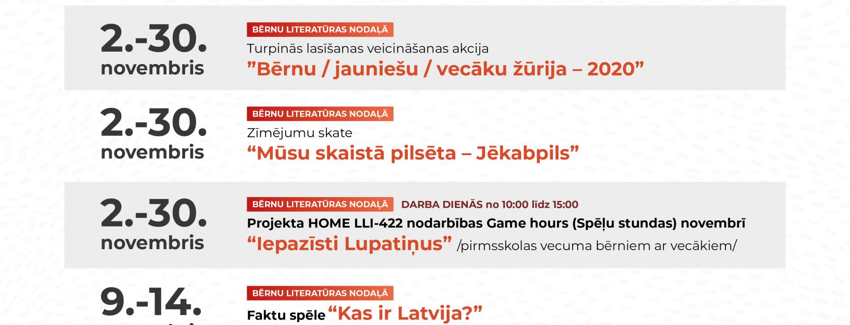 JPB Bērnu literatūras nodaļas pasākumi. NOVEMBRIS / 2020